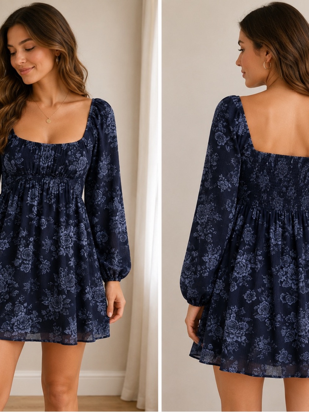Altar'd State Navy Blue Floral Square-Neck Long Sleeve Mini Dress